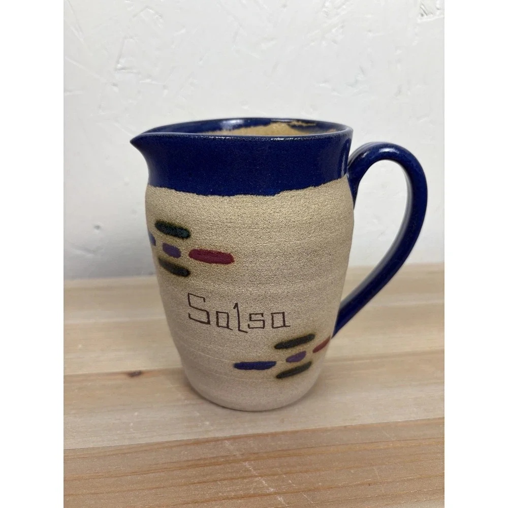 Studio Pottery Hand Crafted‎ Small Salsa Pitcher Blue Stoneware Rustic Kitchen